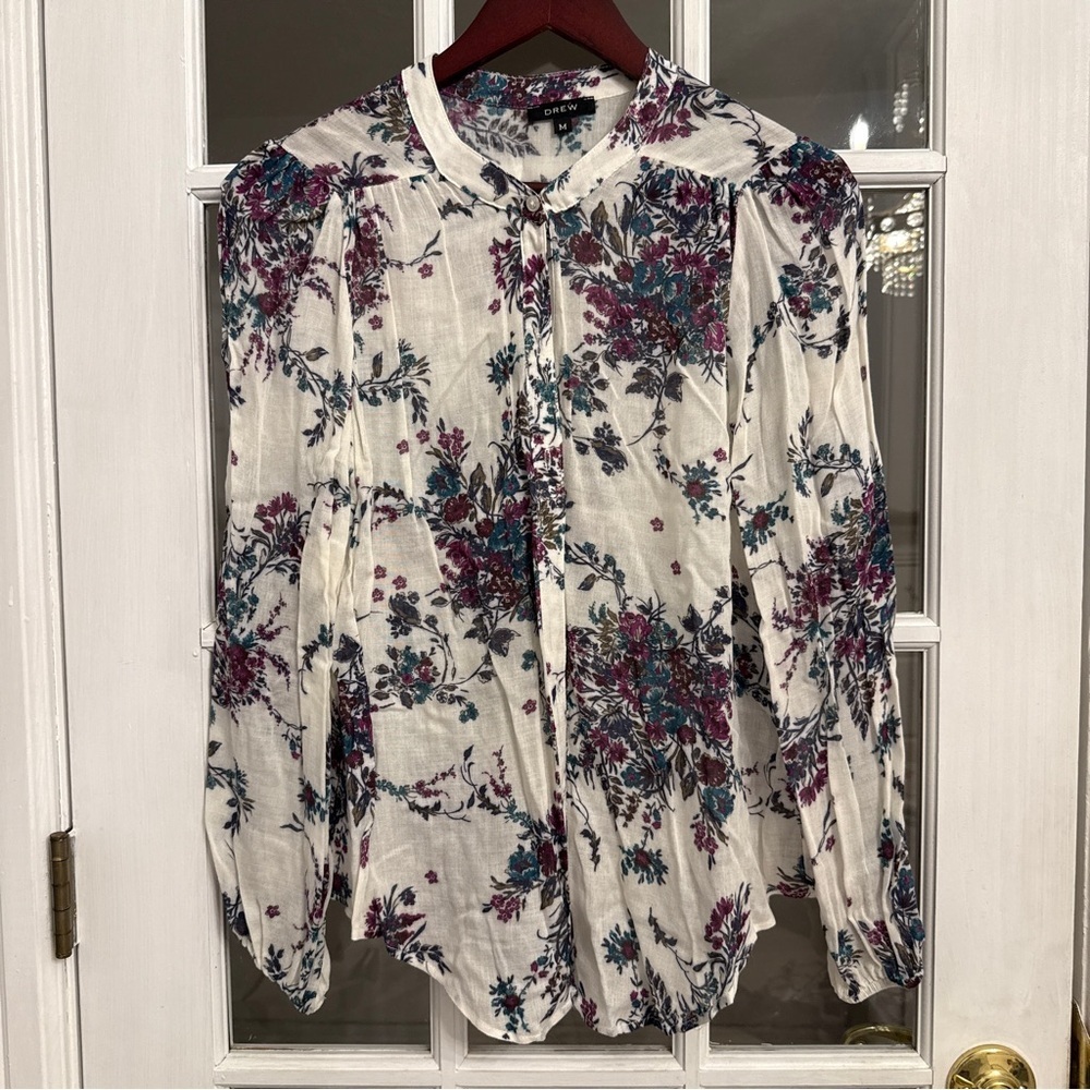 ANTHROPOLOGIE DREW Women's White Floral Print Long Sleeve Button Down Shirt